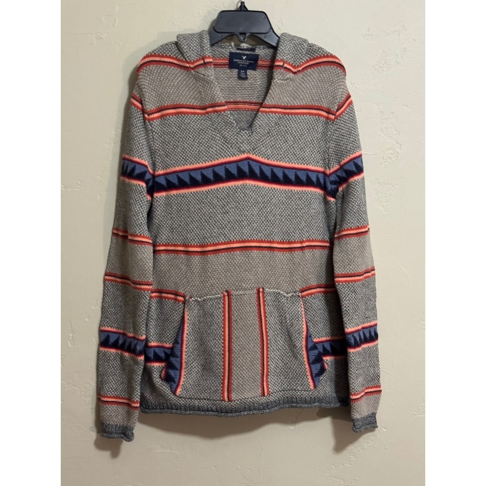 American Eagle Sweater S Gray Striped Hooded Knit Kangaroo Pocket
